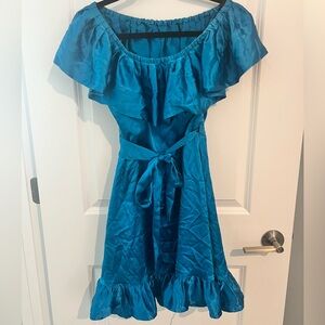 NWT Vintage Betsey Johnson 100% Silk Off Shoulder Blue Dress, Sz 6
